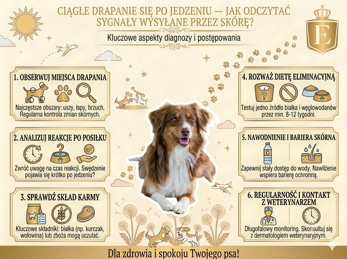 Infografika przedstawiająca, jak odczytać sygnały skóry u psa przy ciągłym drapaniu się po jedzeniu. Pokazuje najważniejsze kroki: obserwację miejsc drapania, analizę reakcji po posiłku, sprawdzenie składu karmy, rozważenie diety eliminacyjnej, nawodnienie i wsparcie bariery skórnej oraz regularny kontakt z weterynarzem. W centrum grafiki znajduje się pies, a całość dotyczy świądu skóry, alergii pokarmowych i diagnostyki problemów skórnych.
